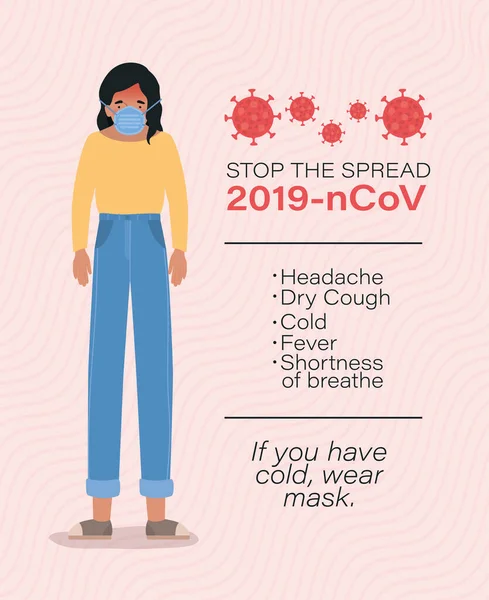 Avatar vrouw met covid 19 virus koorts en masker vector ontwerp — Stockvector
