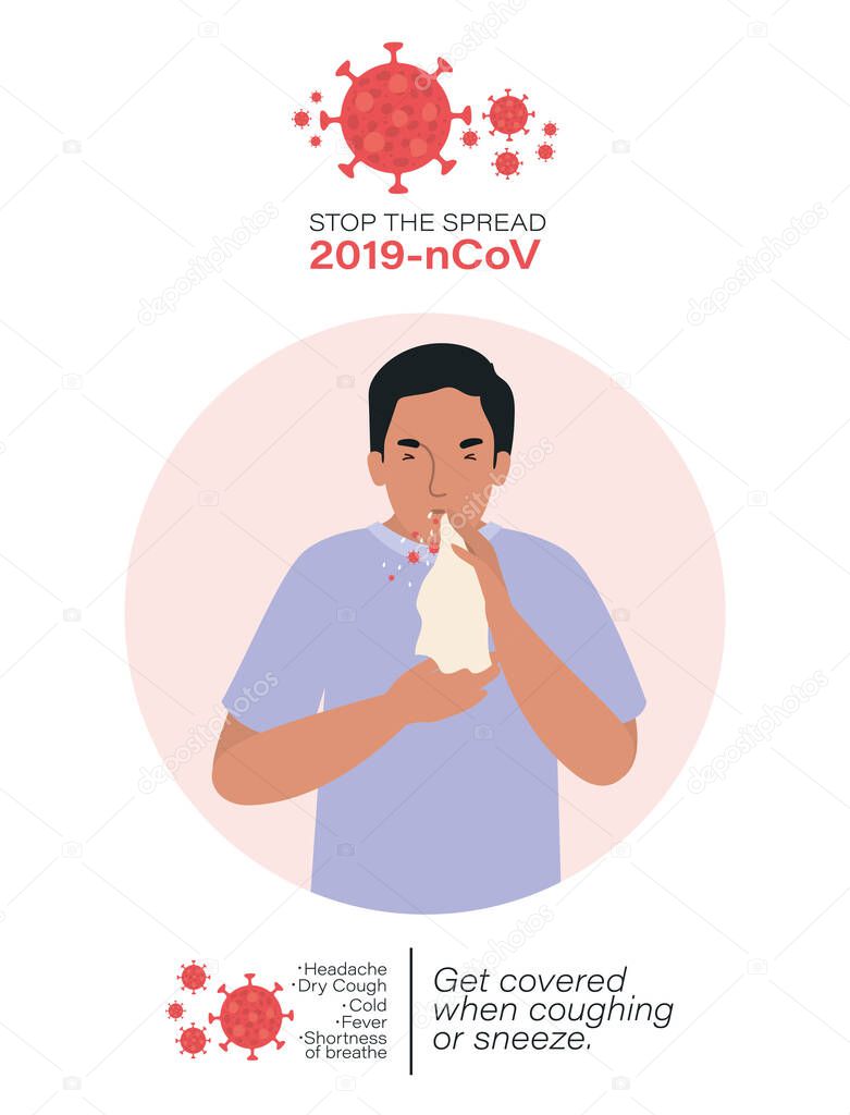 Avatar man with covid 19 virus coughing holding tissue vector design