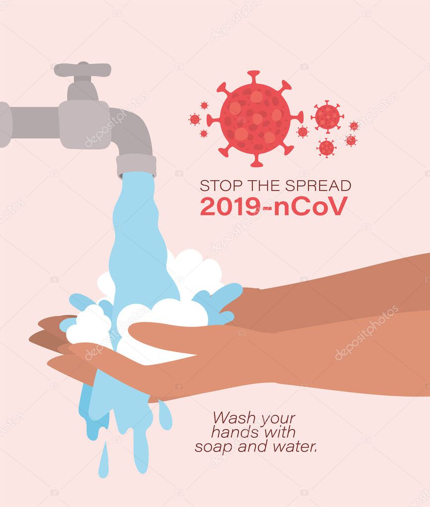 Hands washing under water tap and stop the spread with 2019 ncov virus text vector design