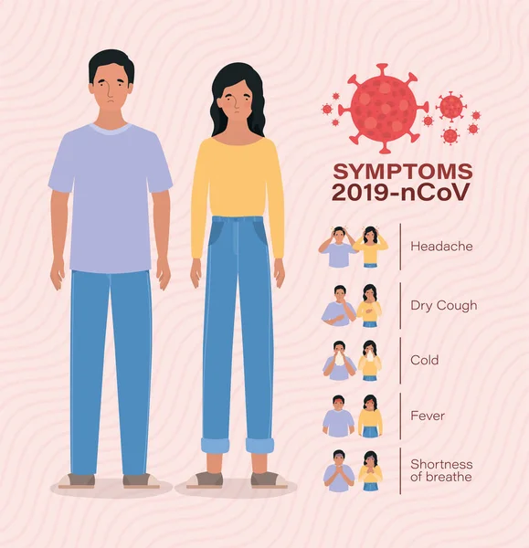 Аватар женщина и мужчина с 2019 Ncov вирусные симптомы векторный дизайн — стоковый вектор