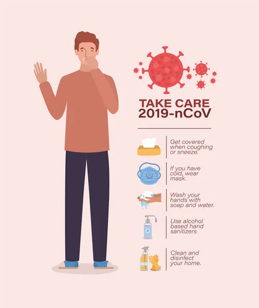 Avatar man ta hand om 2019 ncov virus vektor design — Stock vektor