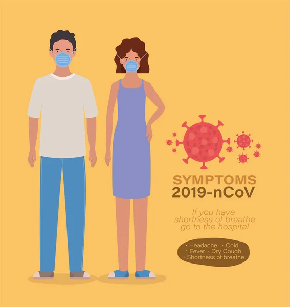 Аватар жінка і чоловік з масками 2019 ncov вірус симптоми Векторний дизайн — стоковий вектор