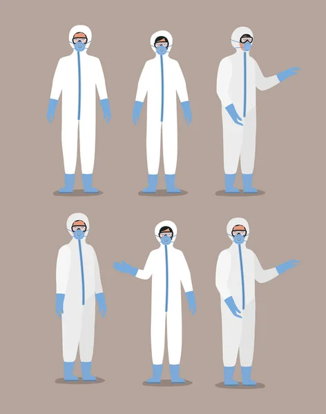 Män och kvinnor läkare med skyddsdräkter masker och glasögon vektor design — Stock vektor