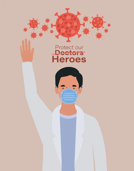 Muž lékař hrdina s uniformní maskou a 2019 ncov virus vektor design — Stockový vektor