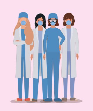 Üniformalı, maskeli ve gözlüklü kadın doktorlar.