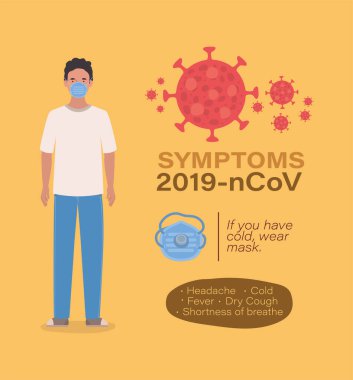 Maskeli Avatar Adam ve 2019 ncov virüs semptomları vektör tasarımı