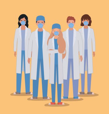 Üniformalı maskeli ve gözlüklü kadın ve erkek doktorlar.