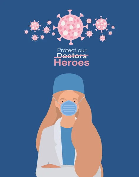 Žena lékař hrdina s jednotnou maskou a 2019 ncov virus vektor design — Stockový vektor