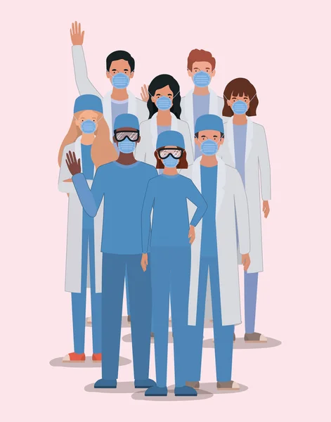 Médecins hommes et femmes avec des uniformes masques et lunettes design vectoriel — Image vectorielle