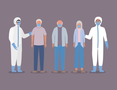 Maskeli yaşlı erkek kadın ve Covid 19 vektör tasarımına karşı koruyucu elbiseli doktor.