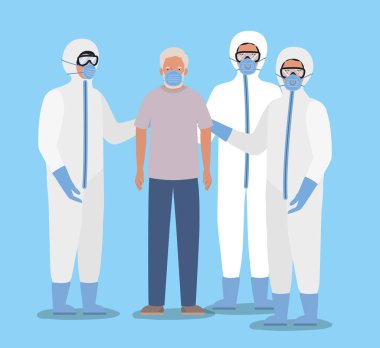 Maskeli yaşlı adam ve Covid 19 vektör tasarımına karşı koruyucu elbiseli doktorlar.