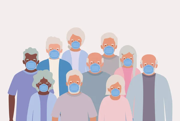 Ηλικιωμένοι άνδρες και γυναίκες με μάσκες διανυσματικός σχεδιασμός — Διανυσματικό Αρχείο
