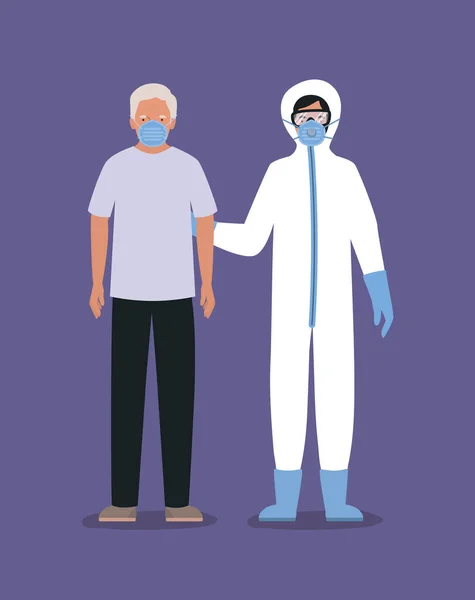 Anciano con máscara y médico con traje protector contra el diseño vectorial Covid 19 — Vector de stock