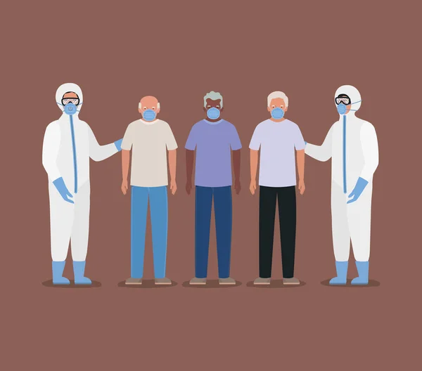 Старейшины в масках и врачи в защитных костюмах против векторного дизайна Covid 19 — стоковый вектор