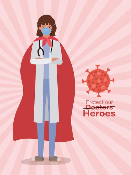 Žena lékař hrdina s pláštěm proti 2019 ncov virus vektor design — Stockový vektor