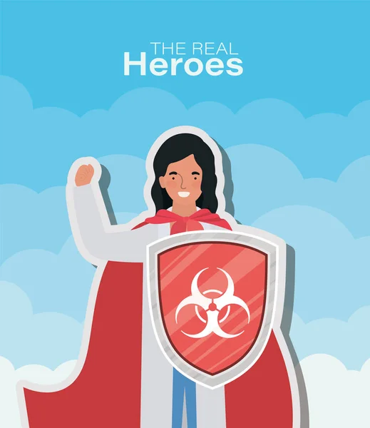 Mulher médico herói com capa e escudo contra 2019 ncov vetor projeto — Vetor de Stock