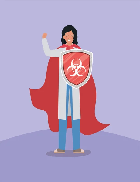 Žena lékař hrdina s pláštěm a štít proti 2019 ncov virus vektor design — Stockový vektor