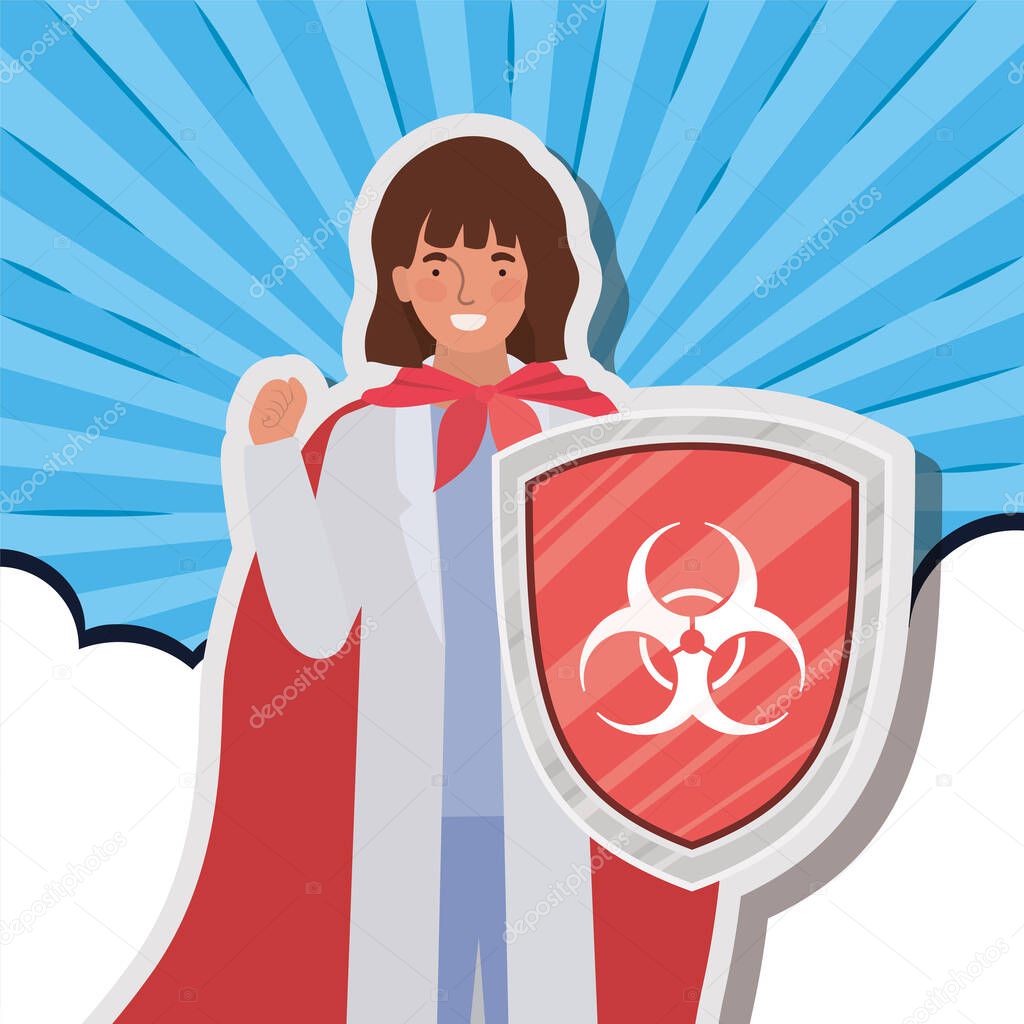 woman doctor hero with cape and shield against 2019 ncov virus vector design