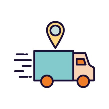 Teslimat kamyonu ve GPS işareti çizgisi ve biçim ikonu vektör tasarımı