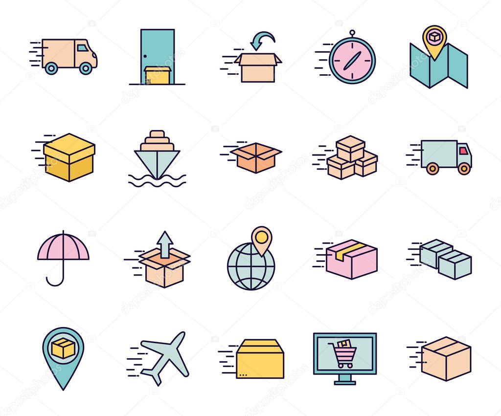 Fast delivery line and fill style icon set vector design