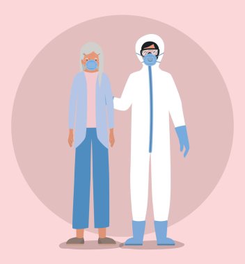 Maskeli yaşlı kadın ve Covid 19 vektör tasarımına karşı koruyucu giysili doktor.