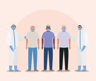 Maskeli yaşlı adamlar ve Covid 19 vektör tasarımına karşı koruyucu elbiseli doktorlar.