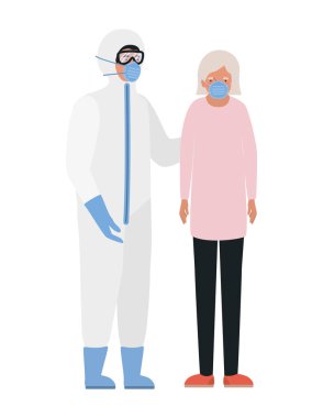 Maskeli yaşlı kadın ve Covid 19 vektör tasarımına karşı koruyucu giysili doktor.