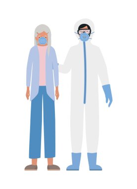 Maskeli yaşlı kadın ve Covid 19 vektör tasarımına karşı koruyucu giysili doktor.