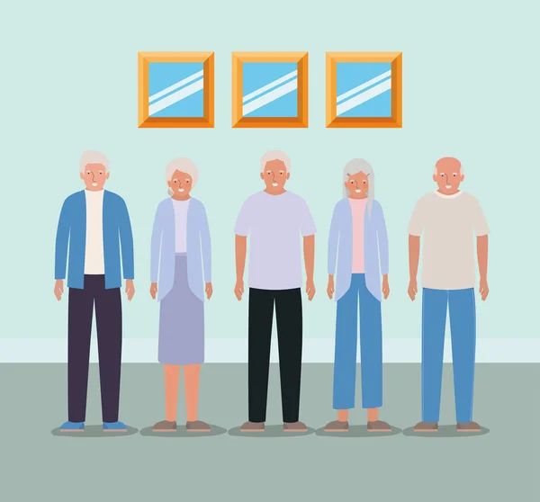 Grootmoeders en grootvaders avatars in kamer vector ontwerp — Stockvector