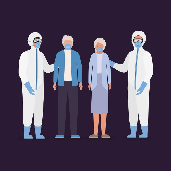 Elder woman and man with masks and doctors with protective suits against Covid 19 vector design — Stock Vector