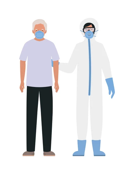 Старик в маске и врач в защитном костюме против векторного дизайна Covid 19 — стоковый вектор