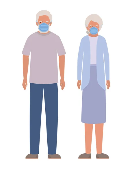 Elder γυναίκα και ο άνθρωπος με μάσκες κατά Covid 19 διάνυσμα σχεδιασμό — Διανυσματικό Αρχείο