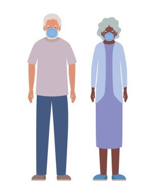 Yaşlı kadın ve maskeli adam Covid 19 vektör tasarımına karşı