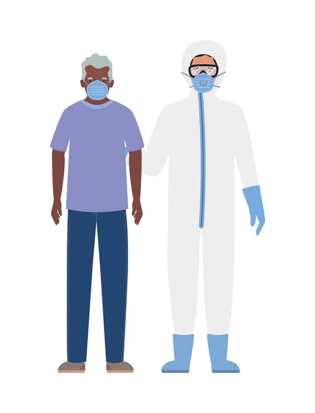 Maskeli yaşlı adam ve Covid 19 vektör tasarımına karşı koruyucu giysili doktor. — Stok Vektör