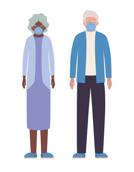 Старша жінка і чоловік з масками проти векторного дизайну Ковида 19. — стоковий вектор