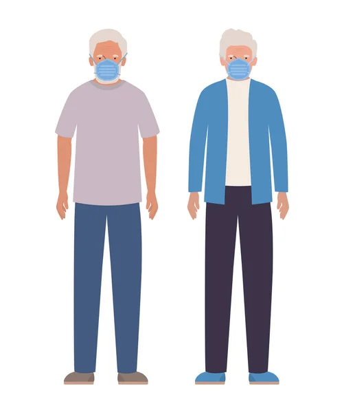 Idős férfiak maszkokkal Covid 19 vektor tervezés ellen — Stock Vector