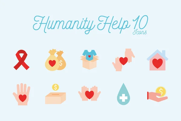 10 Humanity help flat style icon set vector design — Stockový vektor