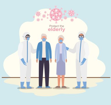 Yaşlı kadın ve maskeli adam ve koruyucu elbiseli doktor Covid 19 vektör tasarımına karşı