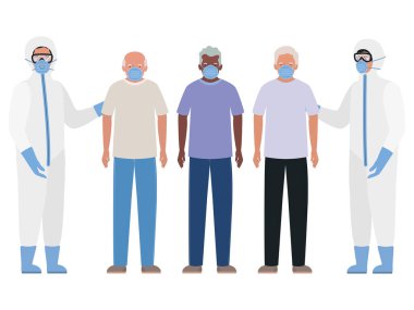 Maskeli yaşlı adamlar ve Covid 19 vektör tasarımına karşı koruyucu elbiseli doktorlar.