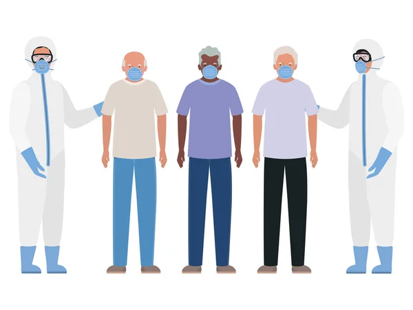 Старші чоловіки з масками і лікарями, захисні костюми проти векторного дизайну Ковід 19 — стоковий вектор