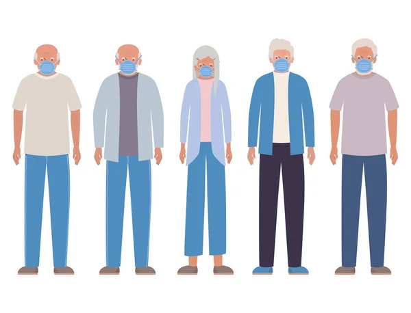 Ηλικιωμένοι άνδρες και γυναίκες με μάσκες κατά Covid 19 διανυσματικό σχεδιασμό — Διανυσματικό Αρχείο