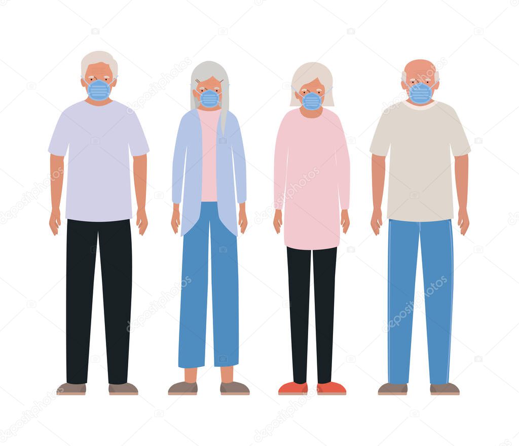 Elder women and men with masks against Covid 19 vector design