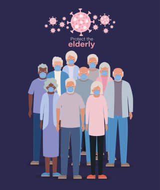 Covid 19 vektör tasarımına karşı maskeli yaşlı kadınlar ve erkekler