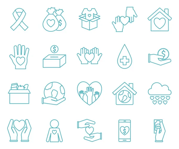 Humanidad ayuda línea estilo icono conjunto vector diseño — Archivo Imágenes Vectoriales