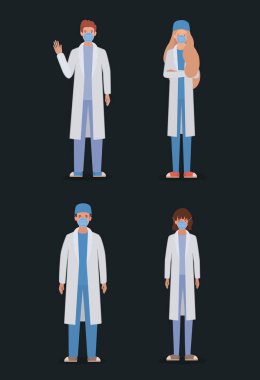 Üniformalı maskeli ve şapkalı kadın ve erkekler vektör tasarımlı.