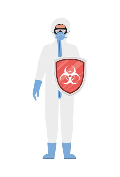 Médico con traje protector y escudo contra el diseño de vectores de virus ncov 2019 — Archivo Imágenes Vectoriales