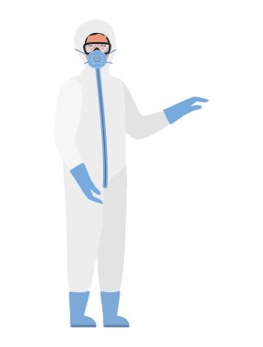 Covid 19 vektör tasarımına karşı koruyucu gözlüklü ve maskeli bir doktor.