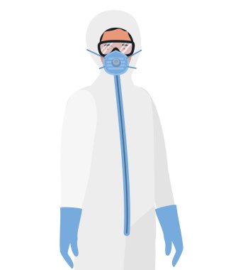 Covid 19 vektör tasarımına karşı koruyucu gözlüklü ve maskeli bir doktor.