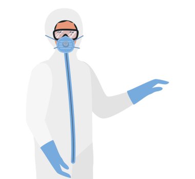 Covid 19 vektör tasarımına karşı koruyucu gözlüklü ve maskeli bir doktor.