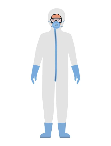 Médico con gafas de traje protector y máscara contra el diseño del vector Covid 19 — Vector de stock
